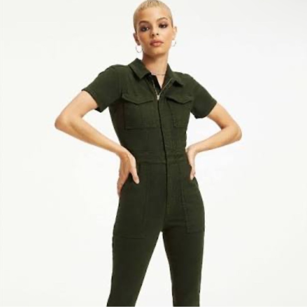 BNWT Good American Fit for Success Alum Green Denim Straight Leg Jumpsuit